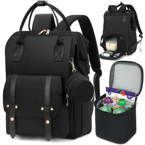 Breast Pump Backpack & Diaper Bag with Cooler, Fits Spectra S1 S2 Medela, Pumping Bag for Work, Fits 15.6" Laptop, 15 Pockets, Reinforced Zippers, Pacifier Case, Stroller Straps, Black