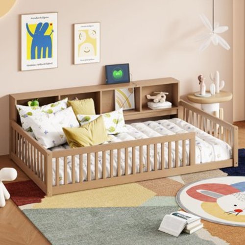 Montessori Floor Bed, Twin XL Size Floor Bed with Bookcase and USB Ports, Wood Twin XL Bed Frame with Guardrails for Kids, Girls, Boys, Brown