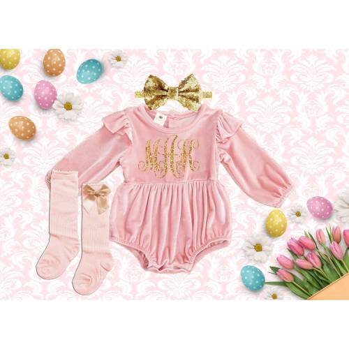 Easter velvet girl Outfit, Monogrammed romper, 1st Easter baby girl outfit, Personalized baby girl Easter outfit,pink romper girls
