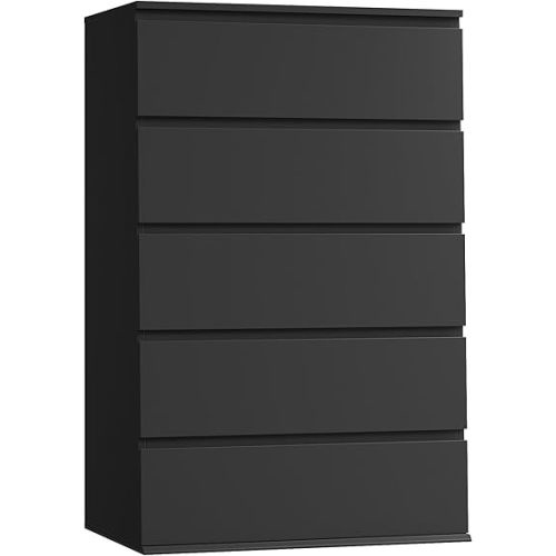 FOTOSOK Black Dresser, 5 Drawer Dresser Tall Black Drawer with Large Storage Space, Modern Chest of Drawers, 23.6L x 17.6W x 39.1H Inch Storage Organizer Cabinet for Home