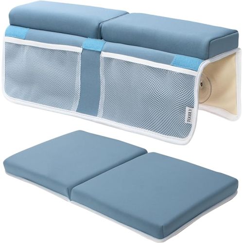 Baby Bath Kneeler and Elbow Rest Pad Set - Thickest Bathtub Kneeler Pad with Memory Foam and Bath Toys Organizer - Ideal Bath Kneeling Pad for Bathing Baby - Relieve Your Knees and Elbows (Blue)
