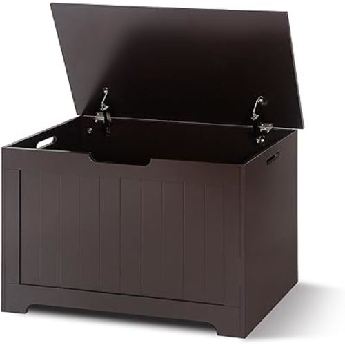 SUPER DEAL Storage Chest, 30 inches Toy Chest Box Organizer with 2 Safety Hinges, Wooden Entryway Storage Bench, Brown