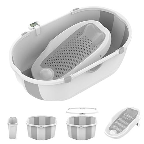 Collapsible Baby Bathtub with Bath Stand,Baby Bath Tub with Thermometer and Drain Outlet, Durable and Essential Baby Bathtub, Suitable for Babies from 0-5 Years Old to Toddlers(Grey)