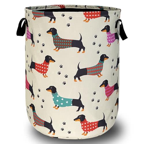Cute Dachshunds Laundry Hamper With Handles Foldable Oxford Cloth Dog Paw Print Tote Bag Colorful Laundry Basket Clothes Toy Storage Bucket18.9" x 16.5" For Bathroom/Laundry/Bedroom