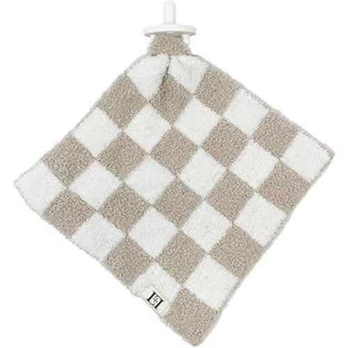 Checkered Baby Lovey Pacifier/Teether Holder 10"x10" - DreamSoft Plush Fluffy Cuddly Soothie Reversible Mini Comfort Blanket - Cute Newborn Gift Essential for Babies Boys and Girls (Tan/White)
