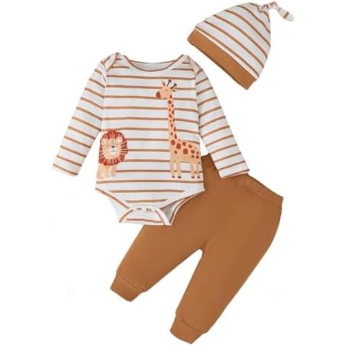 SUNNY PIGGY Baby Boy Clothes Newborn Infant Boys Outfits Romper Hat Pants 3PC Set 0-3 3-6 6-12 12-18 Month Clothing Gift