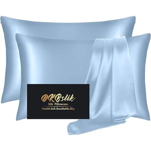 Silk Pillow Cases 2 Pack, Mulberry Silk Pillowcases Standard Set of 2, Health, Anti Acne,Beauty Sleep, Both Sides Natural Silk Satin Pillow Cases for Women 2 Pack with Zipper for Gift, Haze Blue