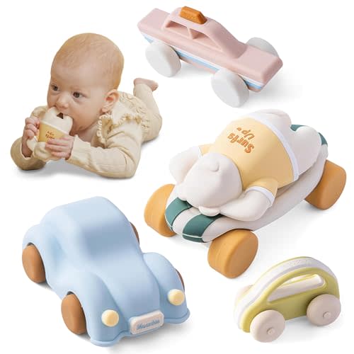 Moonkie Food Grade Silicone Toy Cars for Toddlers 1-3, Push and Go Baby Car Toys 6-12 Months+, One-Piece Design Infant Toys, Birthday Gifts for 1 Year Old Boy Girl, Easy to Clean & Grasp, 5 Pack