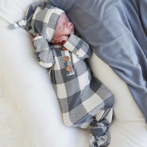 Big Check Bamboo Waffle Newborn Baby Knot Gown & Hat Set | Denim