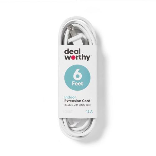 6' 3 Outlet Indoor Extension Cord White - Dealworthy™: 6 ft, 16 AWG, 13 Amp, Flat, Small, 2 Conductors