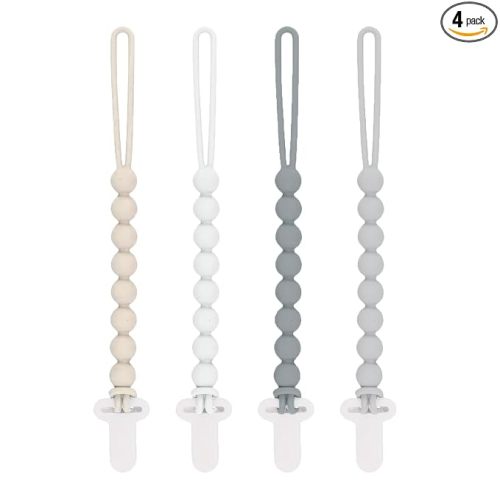 Pacifier Clip - MORIBOX 4 Pack Paci Clip Soothie Baby Binky Holder (Beige+White+Dgrey+Lgrey)