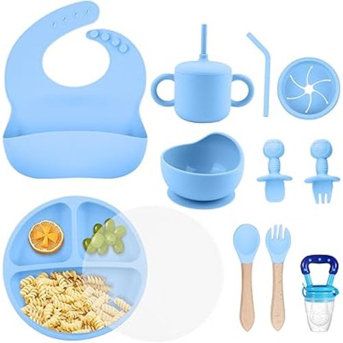 Silicone Baby Feeding Set, BPA Free Baby Feeding Essentials, Baby Suction Bowl, Plates, Bib, Sippy Cup, Spoons set, Baby Led Weaning Supplies to Develop Self-feeding Skills (Blue, With Lid)