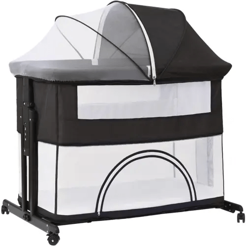 Bedside Crib, 3 in 1 Bassinet with Quick Height Adjustment and Mosquito Nets Rocking Bassinet for Baby, Bedside Bassinet with Wheels, Easy to Fold, Golden Triangle Structure(Grey)