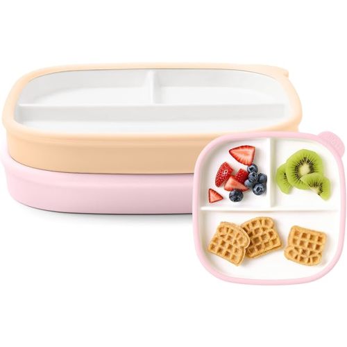 Ello Clean Start Ceramic Toddler Divided Plates, 2 Pack, Cashmere Pink/Dune | Porcelain toddler tableware for meals and snacks with silicone sleeves, microwave safe, dishwasher safe, and BPA-free