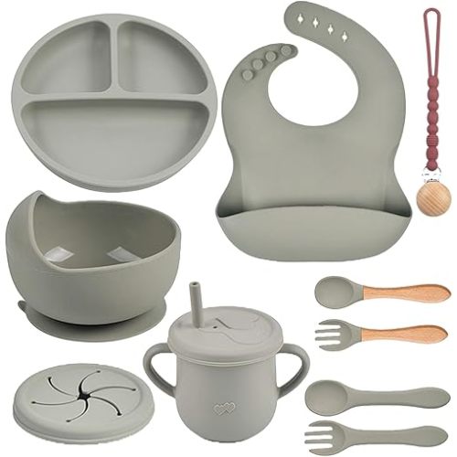 Silicone Baby Feeding Set 12 Pcs | Baby Led Weaning Supplies | Baby Spoons Suction Bowl Divided Plate Bib Cup | First Stage Solid Food Eating Utensils - 6+ Months (Grey)