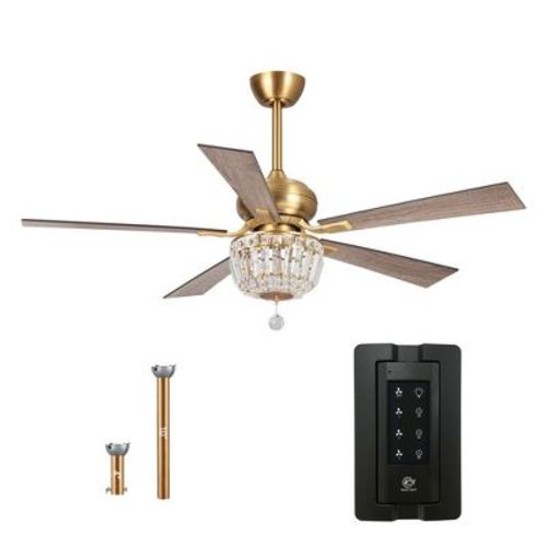 Parrot Uncle 52" Antique Brass Modern Crystal Ceiling Fan with Lights and Remote Control