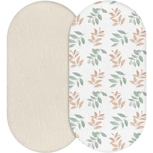 Muslin Bassinet Fitted Sheets, 2 Pack for Baby Boy and Girl, Soft Breathable Stretchy Baby Pad/Mattress Sheet Set, Universal Fit for Hourglass Oval and Rectangle Bassinet Mattress (Bright Leaves)