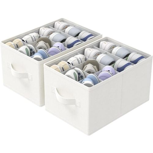 2 Pack Shoe Storage Bins, Fits Up to 24 Pairs, Foldable Space-saving Closet Organizers System, Clothes Basket with Reinforced Handles, 16.5 x 12.6 x 10.2 In, White & Ivory, XSNX02W-2