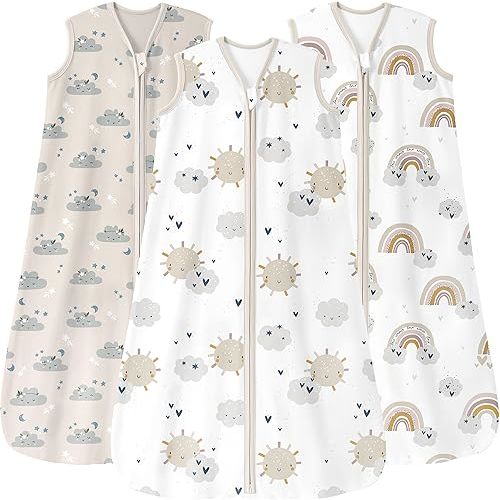 Baby Sleep Sack 12-18 Months 0.5 Tog Wearable Blanket Baby, 3 Pack 100% Cotton Lightweight Sleeping Sack with 2-Way Zipper for Infant Toddler Apricot White Sun Clouds