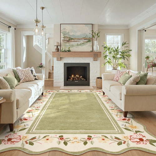 Lahome 8'x10' Boho Floral Scalloped Area Rug,Machine Washable, Non-Slip Low-Pile Vintage Distressed Design for Living Room, Bedroom, Dining Room Office,Green