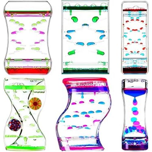 6 Pack Liquid Motion Bubbler Liquid Bubble Sensory Toys Colorful Oil Hourglass Fidget Toy Sensory Bottles Calming Toys Handheld Water Game for Boy Girl Autism ADHD Adults (Cute)