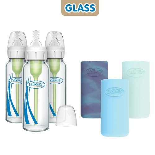 Dr. Brown's Anti-Colic Options+ Narrow Glass Baby Bottle, 8 oz/250 ml + Silicone Sleeves, Blue, Glow, Mint, BPA Free, 0m+, 3 Pack