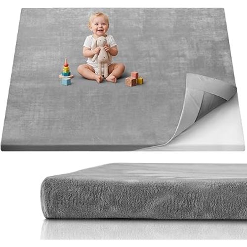 Blissful Diary 1.3" Thick Baby Play Mat, 71x59 Playpen Mat with Removable & Washable Cover, Extra Large Crawling Rug for Floor, Foam Cushion & Non-Slip Backing for Kid, Toddler and Infants, Light Grey