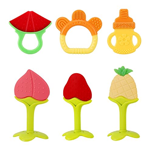 NASHRIO Baby Teething Toys Pack of 6 - Silicone BPA Free Natural Organic Freezer Safe Teethers for Newborn Infant, Soft & Textured - Babies Shower Gift