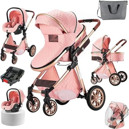 3 in 1 Baby Stroller Travel System, Reversible Newborn Foldable Pram, Infant High Landscape Pushchair, Portable Standard Stroller, Reclining Buggy, Baby Carriage (UDV9-PINK with Base)