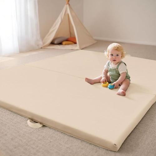 Bella’s Friends Foldable Baby Play Mat for Floor, 47"x47" Vegan Leather Playpen Mat, 1.5" Extra Thick Foam, Non-Toxic, Wipe-Clean, Travel-Ready, Non-Slip Crawling Mat for Kids Toddlers&Infants, Beige