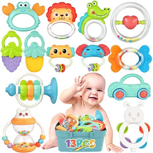 Baby Rattle Teething Toys for 0-6-12 Month 13pcs Infant Sensory Teether Shaker Grab and Spin Rattles Toy Set, Newborn Infant Teething Toys for Babies 0-6-12 Months Gift for Baby Boys Girls