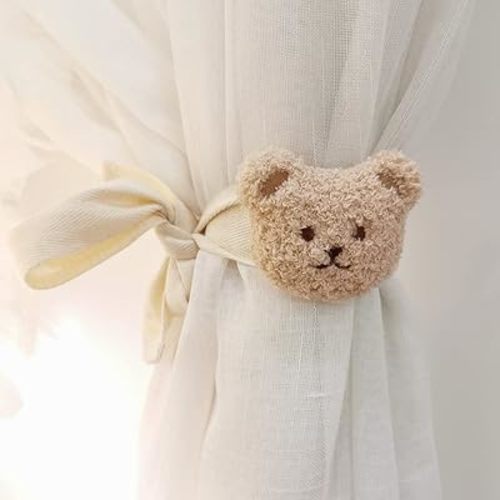 2 Pack Cute Curtain Tiebacks Cartoon Bears Embroidered Animal Shape Bedroom Accessories(Beige)