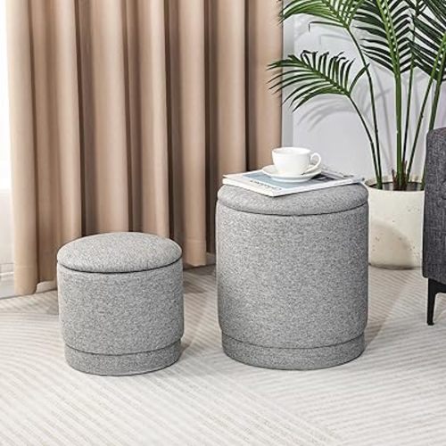 Homebeez Round Storage Ottoman Set of 2, Linen Cotton Fabric Stool with Removable Lid, Multifunctional Foot Rest Pouf for Living Room, Bedroom, Dorm, Supports 300 lbs, Gray