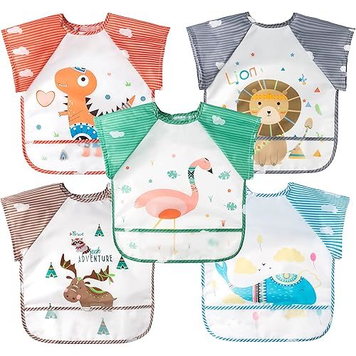 R HORSE 5Pcs Short Sleeved Bib for Baby Toddlers Waterproof Sleeved Bib with Pocket Animal Infants Feeding Bib for 0-36 Month