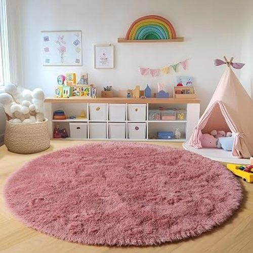 Blush Round Rugs 6ft for Living Room Bedroom, Fluffy Circle Area Rug for Kids Girls Boys Teen, Soft Plush Shaggy Carpet for Nursery Dorm Classroom Playroom Home Decor Aesthetic