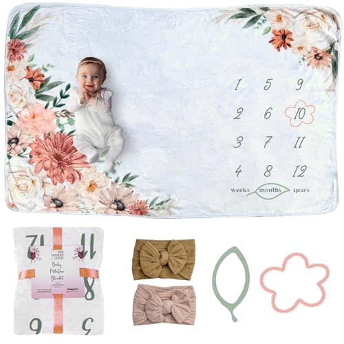 Baby Monthly Milestone Blanket- Milestone Blanket for Baby Girl and Boy - Personalized Newborn Growth Chart - Customized Soft Photography Background (Boho Floral)