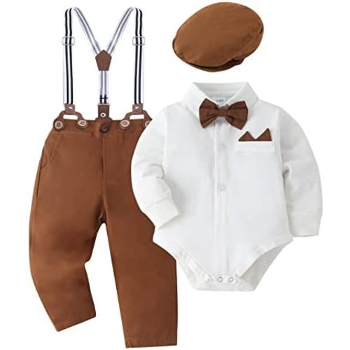 YALLET Baby Boy Clothes Set Infant Tuxedo Long Sleeve Gentleman Suit Outfits + Beret Hat + Suspender Pants + Bowtie 0-18M