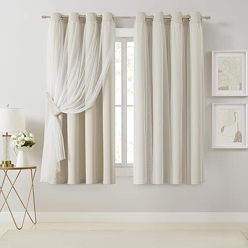 Bujasso Beige 80% Blackout Curtains with Sheer Overlay Mix and Match Double Layer Thermal Insulated Window Panels 63 inch for Living Room Bedroom Beige Drapes with Tiebacks Grommet Top 54" Wx63 Lx2