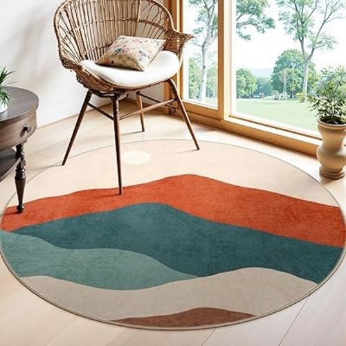 Round Rugs 4ft, Non Slip Washable Circle Rug for Bedroom Mountain Boho Round Area Rug for Living Room, Modern Soft Accent Carpet for Entryway Dining Room(Colorful)