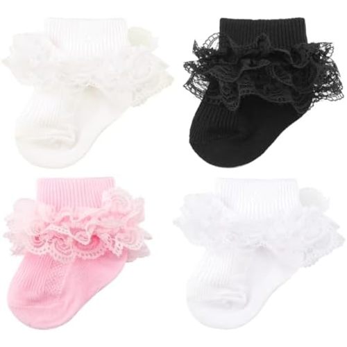 4 Pack Baby Girls Socks Eyelet Ruffle Lace Baby Socks Newborn Infant Toddler Dress Socks Frilly Ruffle Socks for Girls