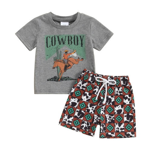 Toddler Baby Boy Summer Outfit Western Cowboy Short Sleeve T Shirt Top and Cow Hat Boot Shorts Set Infant Country Clothes