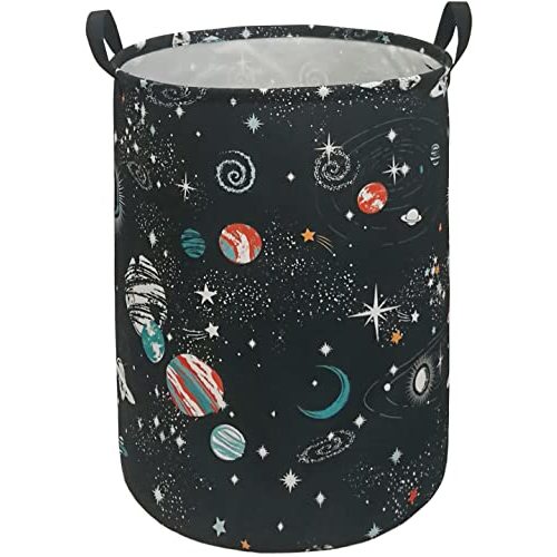 DUYIY Round Black Planet Laundry Hamper Storage Basket Organizer Hamper Storage Bins for Clothes Toys Box Nursery Hamper Gift Basket with Handles