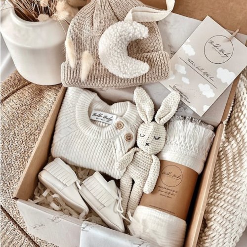 New Baby Gift Box including Mini Moon Paci Holder, Cloud 9 Swaddle, 0-6m Moccasins and more