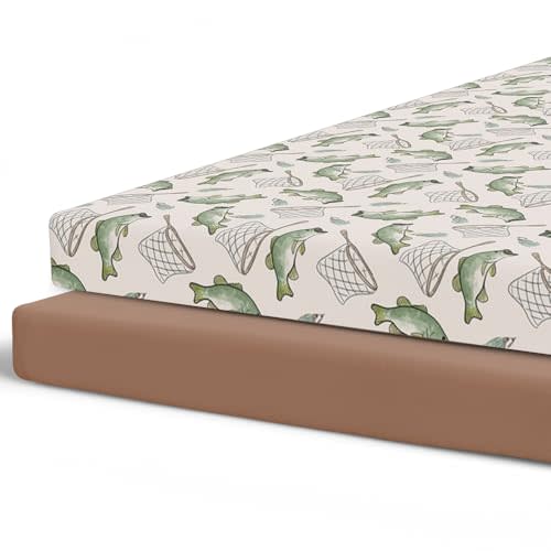 Pobibaby - 2 Pack Premium Pack N Play Sheets Fitted for Standard Pack and Plays and Mini Cribs - Ultra-Soft Jersey Knit, Stylish Floral Pattern, Safe and Snug for Baby (Gone Fishing)