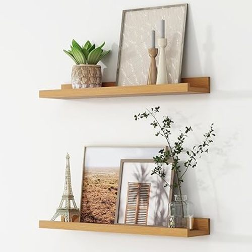 Picture Ledge Shelf, Floating Shelves Set of 2, 24 Inches Nursery Book Shelves for Toys Storage, Kids Bookshelf Wall Mounted for Living Room Bedroom Decor Books Photo Frames, Natural Oak