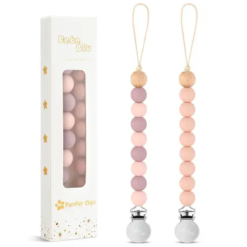 2 Pack Pacifier Clips, Silicone Pacifier Clip for Baby Boys and Girls, Baby Pacifier Strap with Silicone Beads, Soother Dummy Holder, Pacifier Holder, Keeps Pacifier Clean (Mauve/Muted)