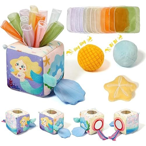 Youuys Baby Tissue Box Toy for Babies 6-12 Months - Montessori Sensory Busy Cube Toys with 3 Textured Balls & 12 Silky Scarves - Ideal Gift for Toddler Girls Ages 6 12 18 Months (Mermaid Theme)