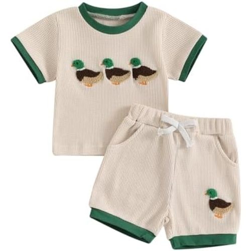 Hunting Toddler Baby Boy Clothes Mallard Duck Embroidery Short Sleeve T-shirt Tops Waffle Shorts Set 2Pcs Outfit