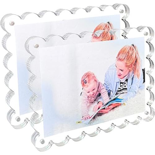 2 Pcs Acrylic Picture Frame,5x7 Inch Magnetic Photo Scalloped Frames Double Sided Magnet Frames 10+10MM Thickness Clear Picture Frame for Desktop Display (2 Pack)