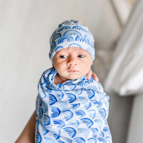 Blue Rainbows Swaddle & Hat Set
